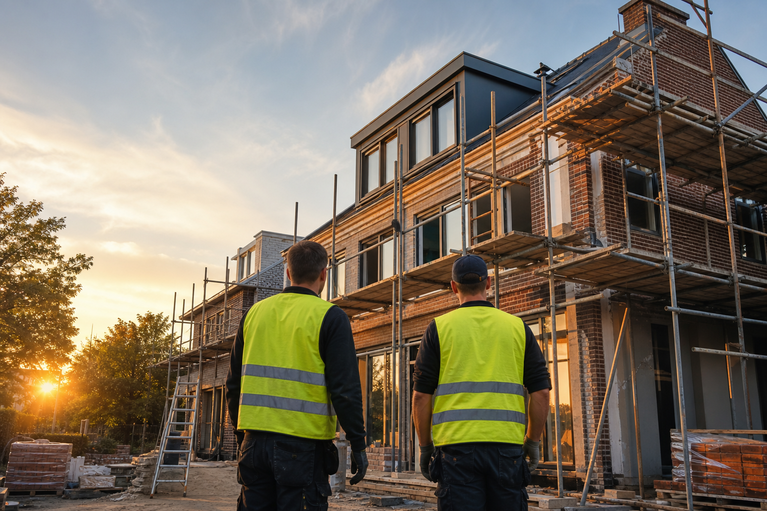 Bouwplaats met vakmensen aan het werk
